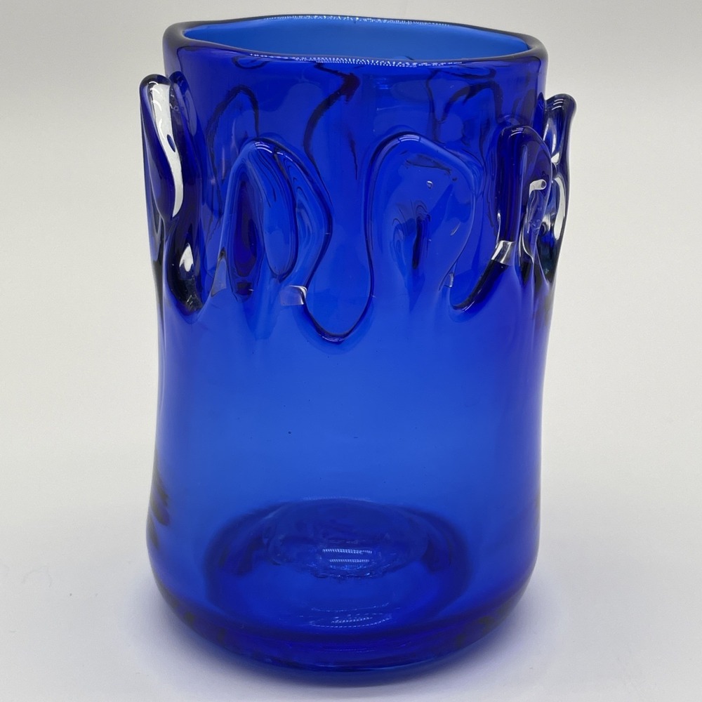 Signed Cobalt Blue Studio Art Glass 1971 Vessel Hand Blown Applied Prunts Flames
